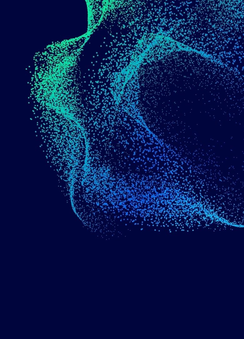 Blue and green particle swirl on dark background, symbolizing data flow and digital transformation - Neutrinos