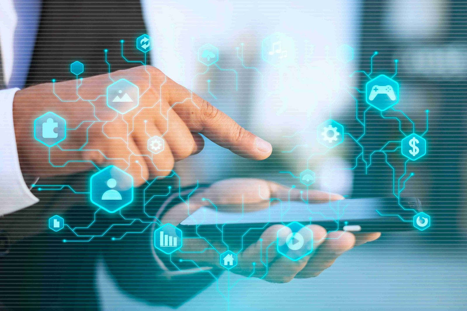 Business professional interacting with a tablet surrounded by glowing digital icons representing AI, automation – Neutrinos