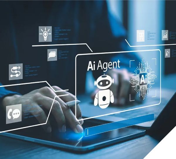 Person working on a laptop with a digital interface displaying 'AI Agent' and chatbot icons – Neutrinos